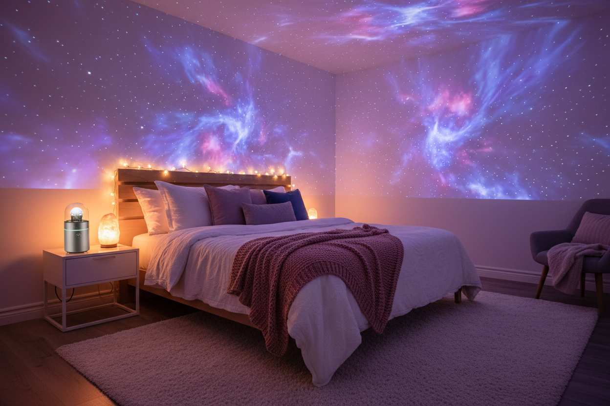 galaxy lights projector in cosy bedroom