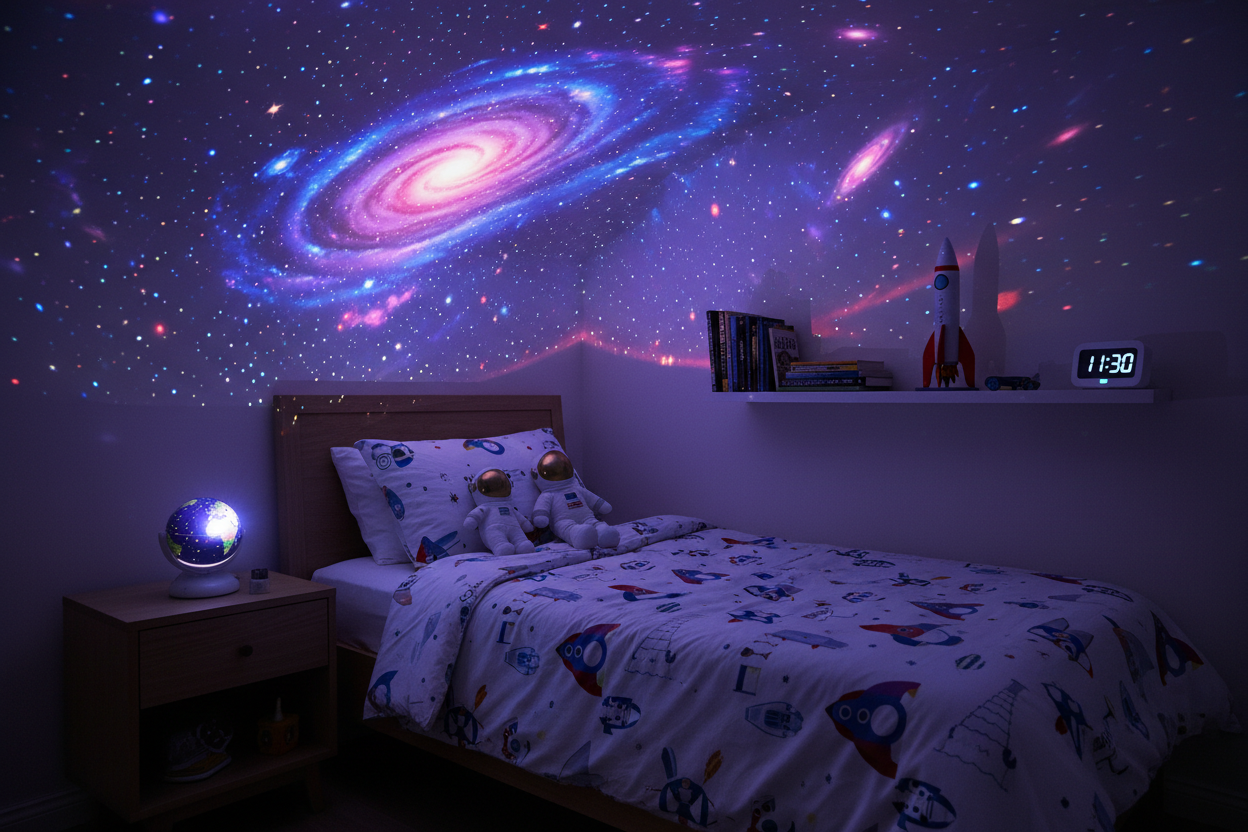 little galaxy light projector in boys bedroom
